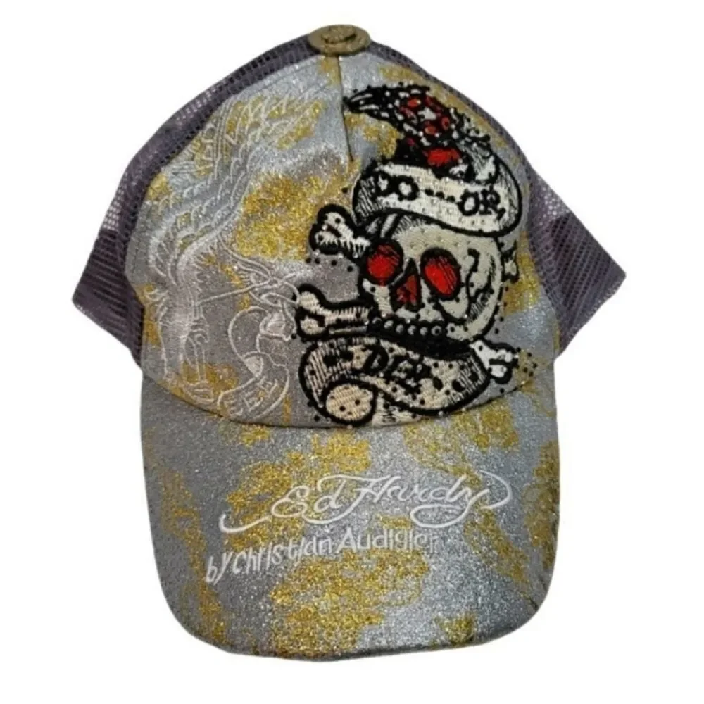 New Vintage Ed Hardy Christian Audigier Embroidered Rhinestone Snapback Hat
